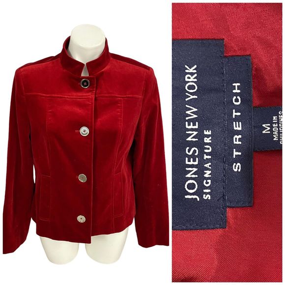 Jones New York Blazer Womens Medium Red Velvet Jacket Holiday Work Office Casual - Picture 1 of 16